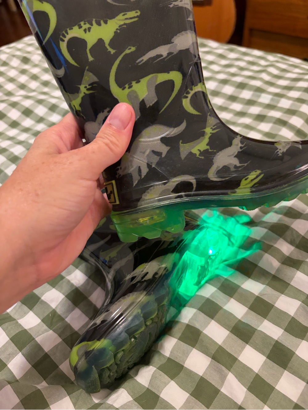Kids Dinosaur Light-Up Rain Boots in Black & Neon Green